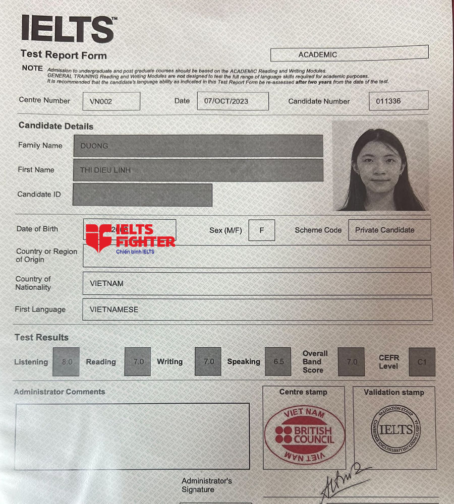 bảng điểm Hà Linh 7.0 IELTS