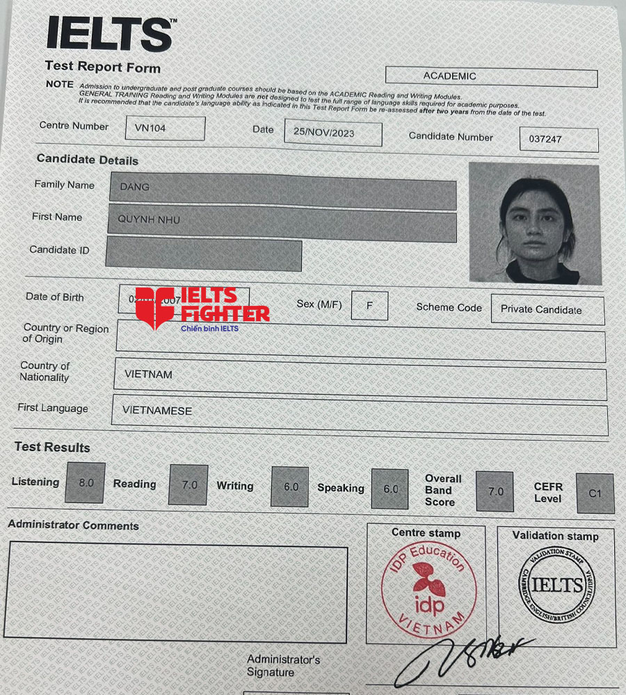 bảng điểm Kim Ngân 7.0 IELTS