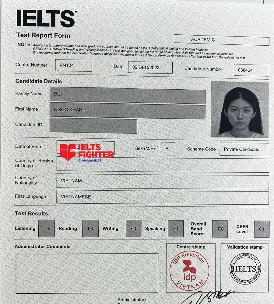 bảng điểm Bảo Khánh 7.0 IELTS