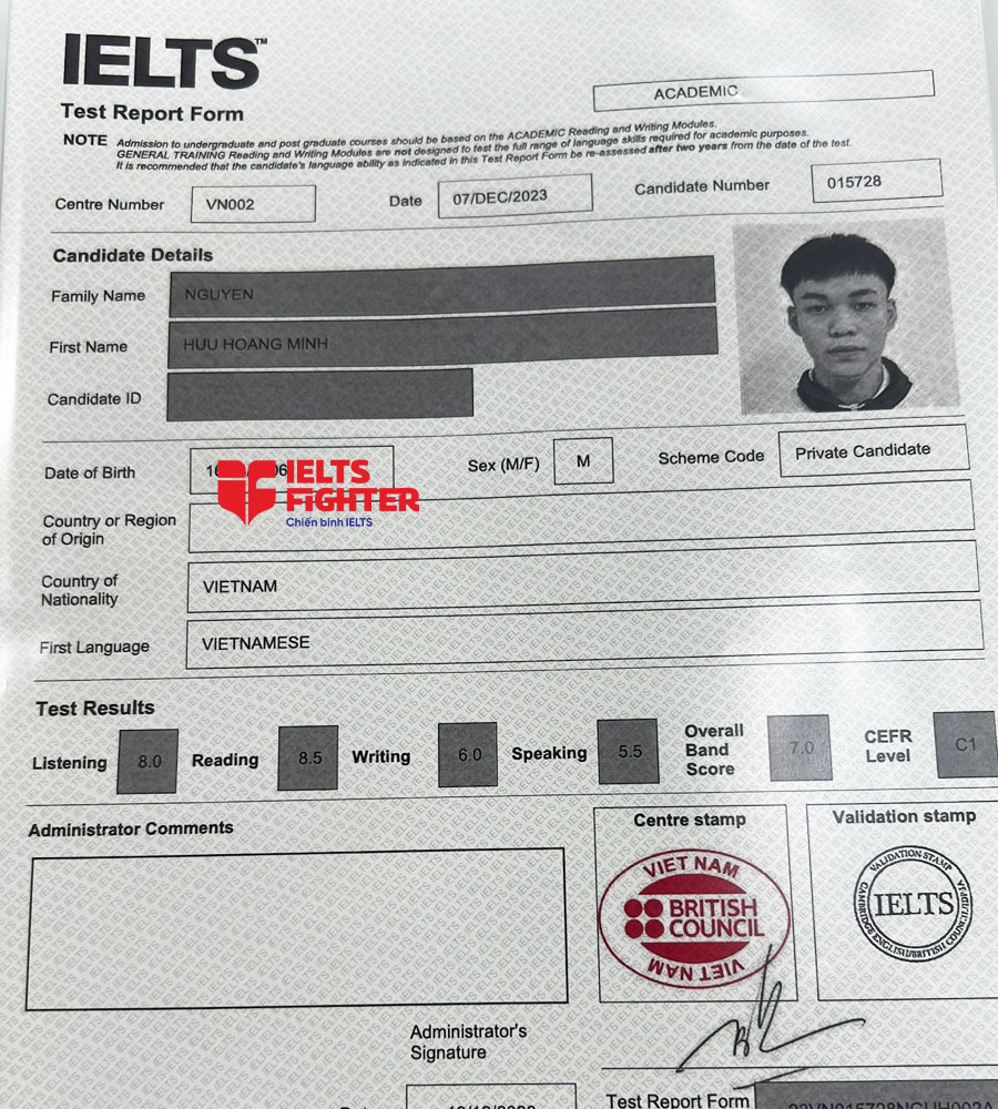 bảng điểm Hoàng Minh 7.0 IELTS
