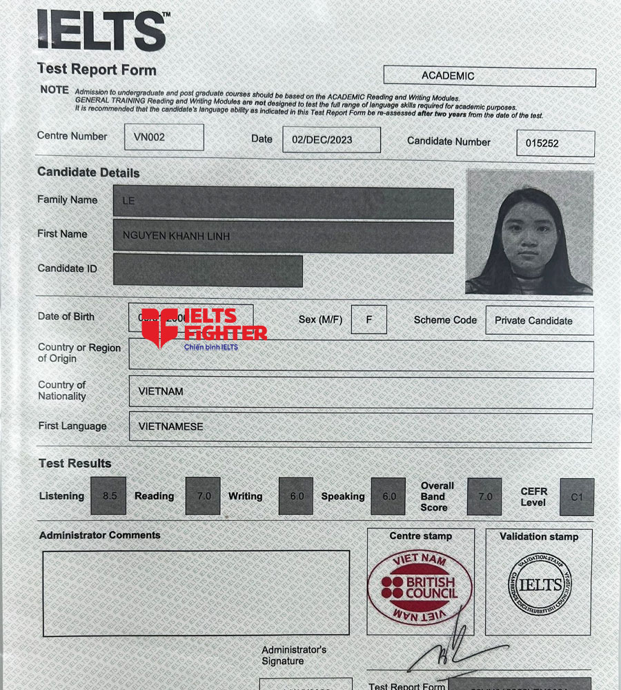bảng điểm Khánh Linh 7.0 IELTS