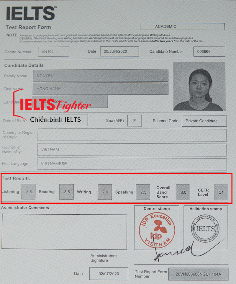 Bảng điểm Hồng Hạnh 8.0 IELTS