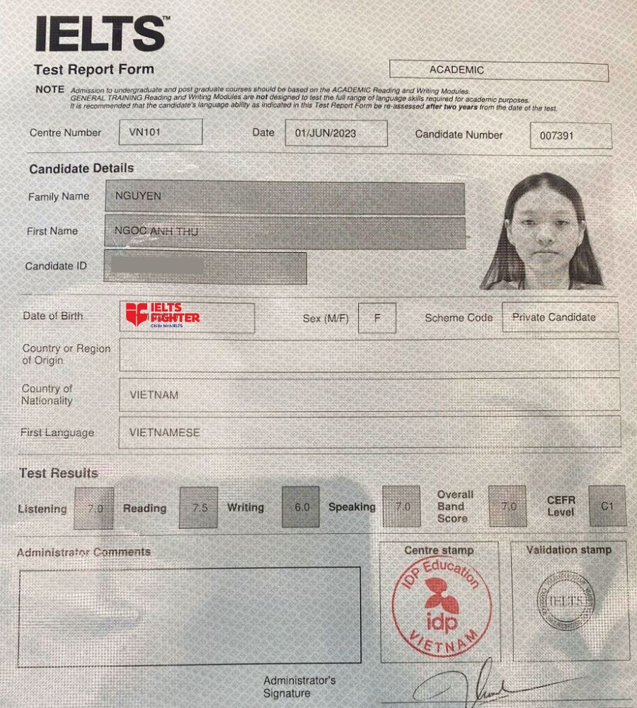 chứng chỉ 7.0 overall vượt ngoài mong đợi của Anh Thư