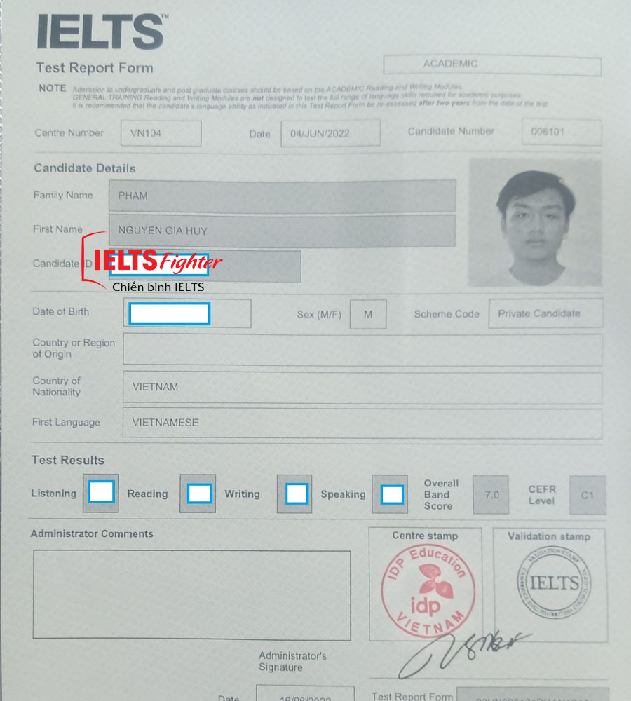 bảng điểm gia huy 7.0 ielts