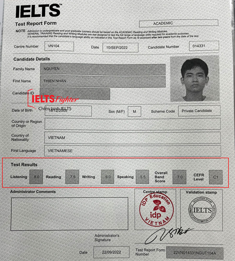 bảng điểm thiện nhân 7.0 ielts