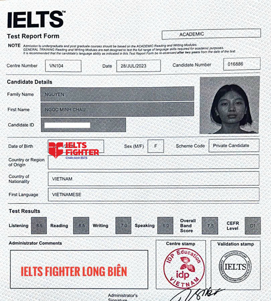 bảng điểm Minh châu 7.0 IELTS