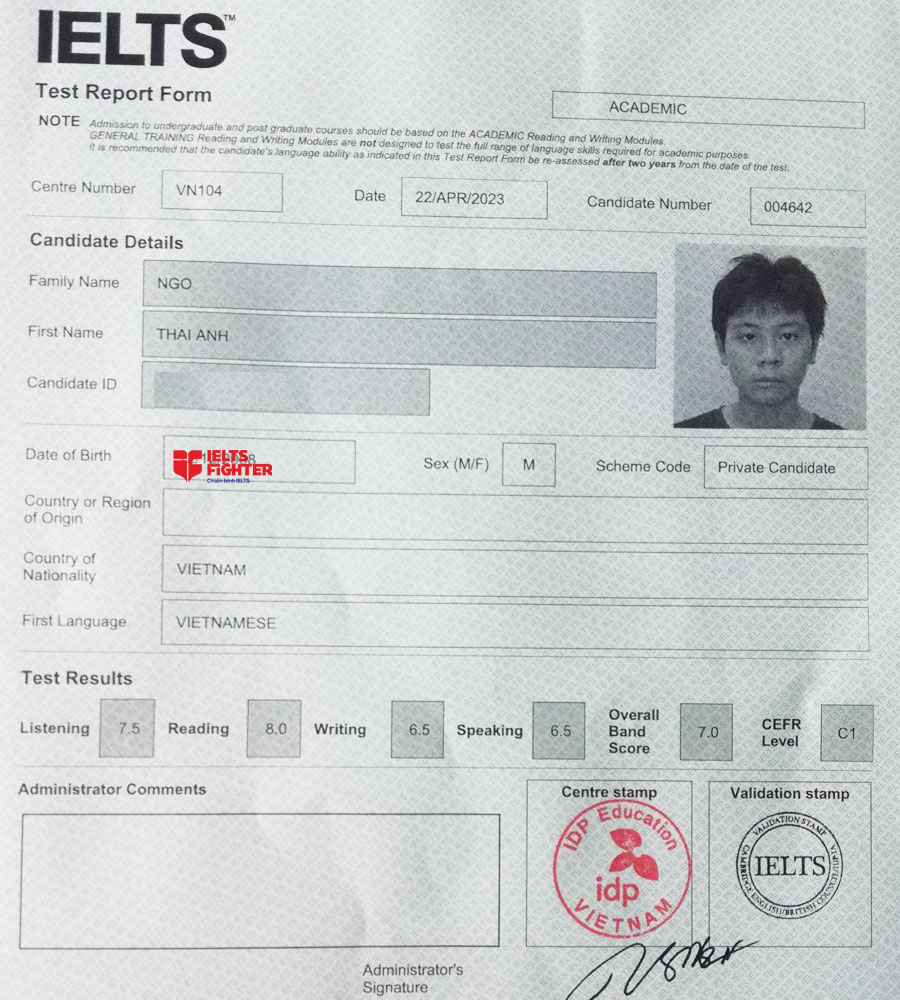 bảng điểm thái anh 7.0 IELTS