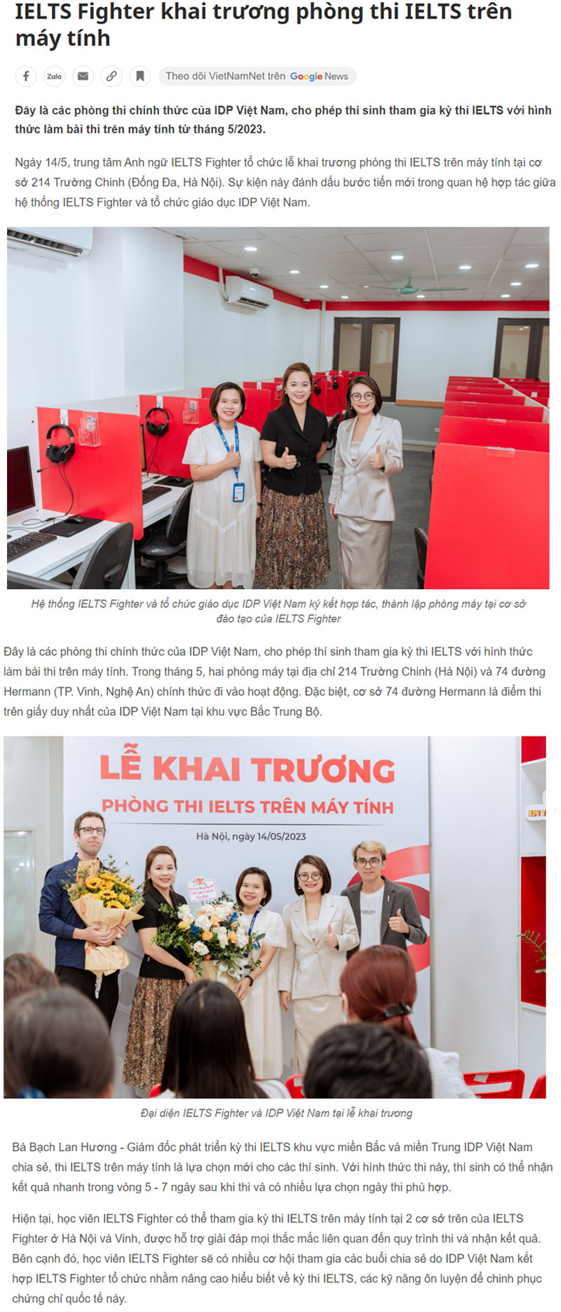 Vietnamnet đưa tin về phòng thi IELTS trên máy tính của IDP
