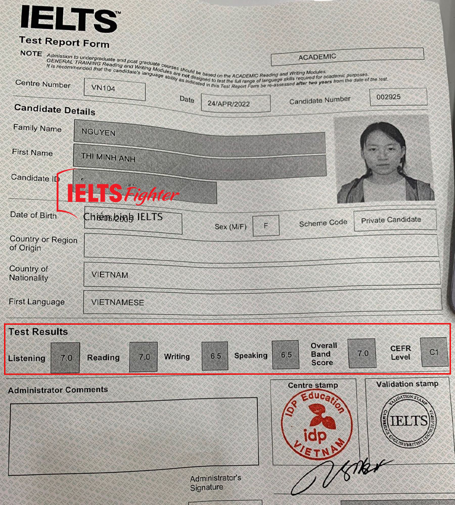 bảng điểm Minh Anh 7.0 IELTS