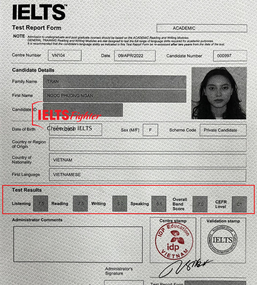 bảng điểm Phương Ngân 7.0 IELTS