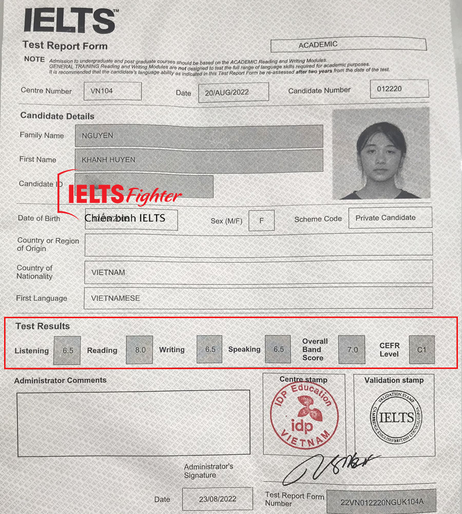 bảng điểm Khánh Huyền 7.0 IELTS
