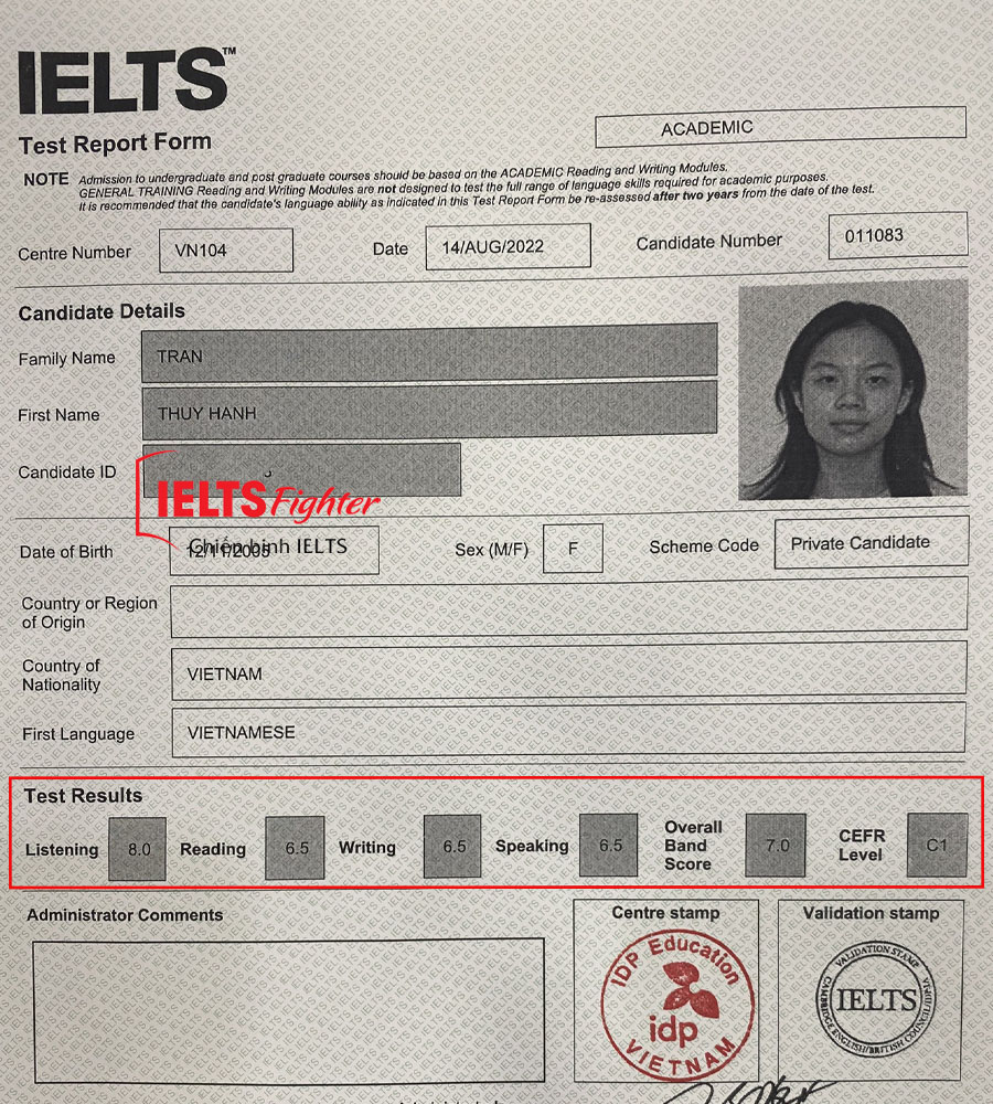 bảng điểm Trần Thúy Hạnh 7.0 IELTS