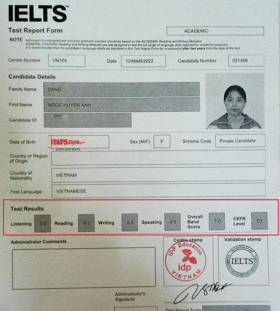 học viên IELTS Fighter Bắc Ninh - bảng điểm Huyền anh 7.0 IELTS