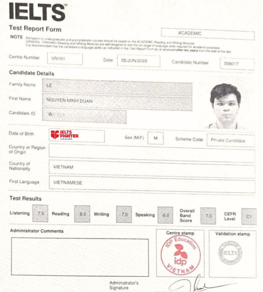 Bảng điểm ấn tượng của học viên Minh Duẫn cơ sở IF Bà Hom