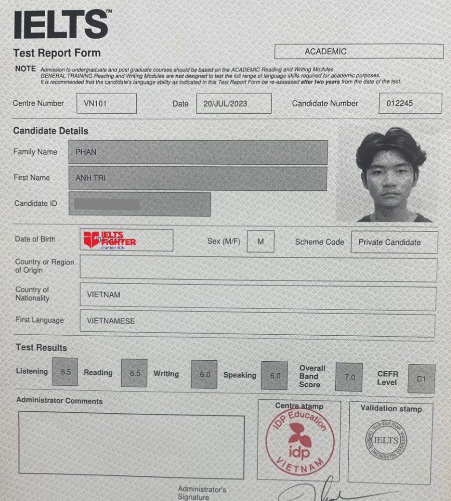 chứng chỉ 7.0 Overall của học viên Anh Trí cơ sở IF Bà Hom
