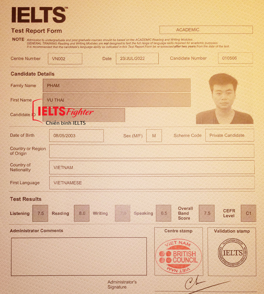vũ thái 7.5 IELTS bảng điểm