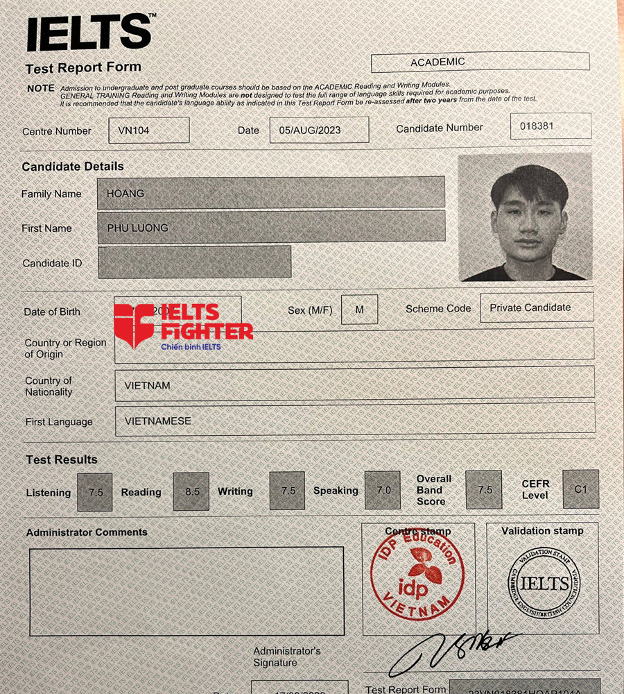 bảng điểm Phú Lương 7.5 IELTS