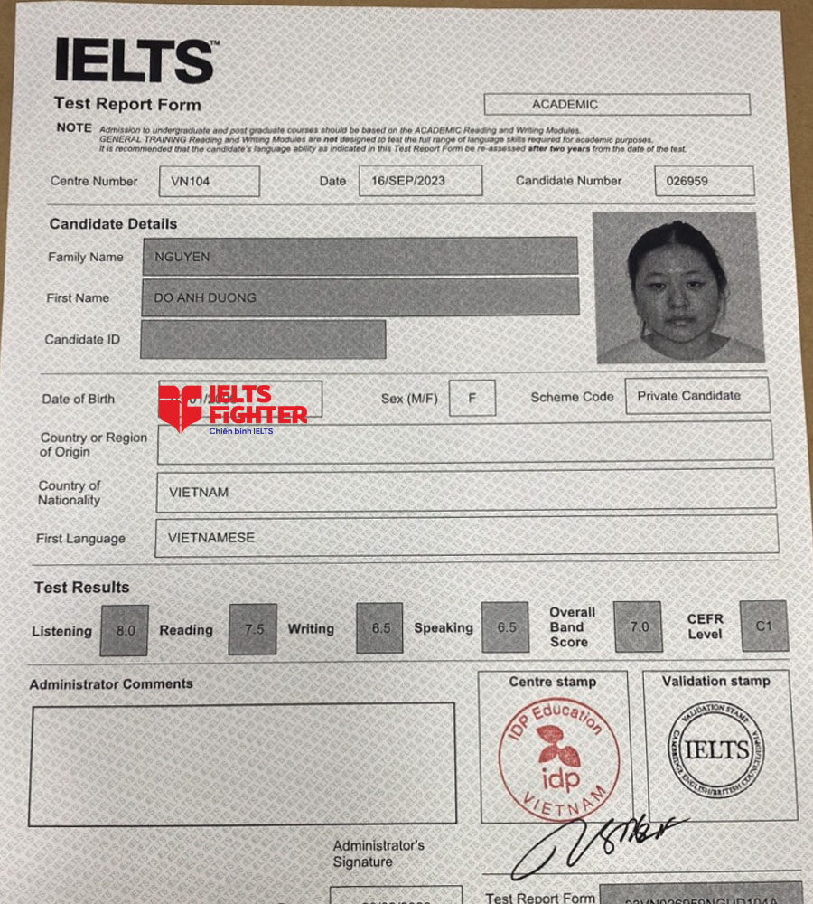 bảng điểm Ánh dương 7.0 IELTS