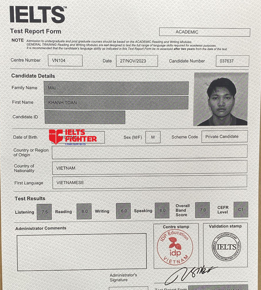 bảng điểm Khánh toàn 7.0 IELTS
