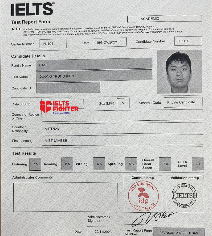 bảng điểm Trung kiên 7.0 IELTS