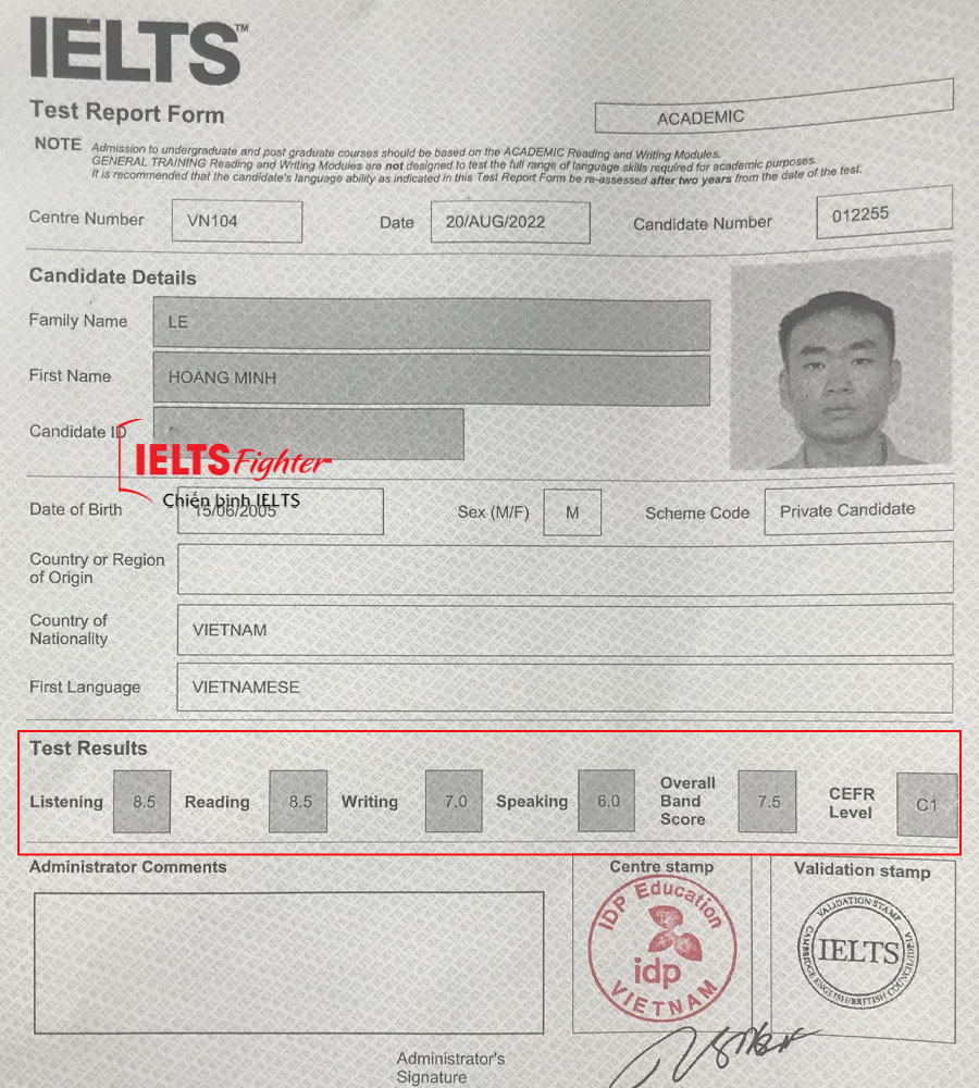 bảng điểm minh hoàng 7.5 IELTS