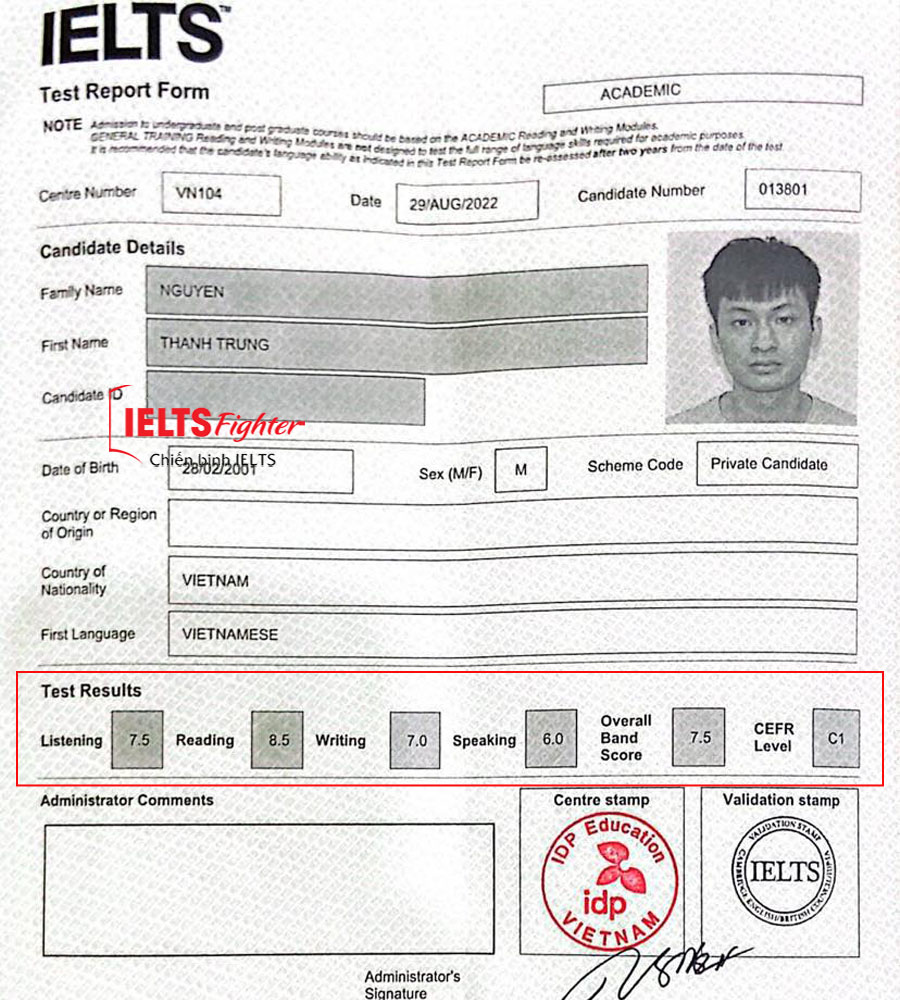 thành trung 7.5 IELTS bảng điểm