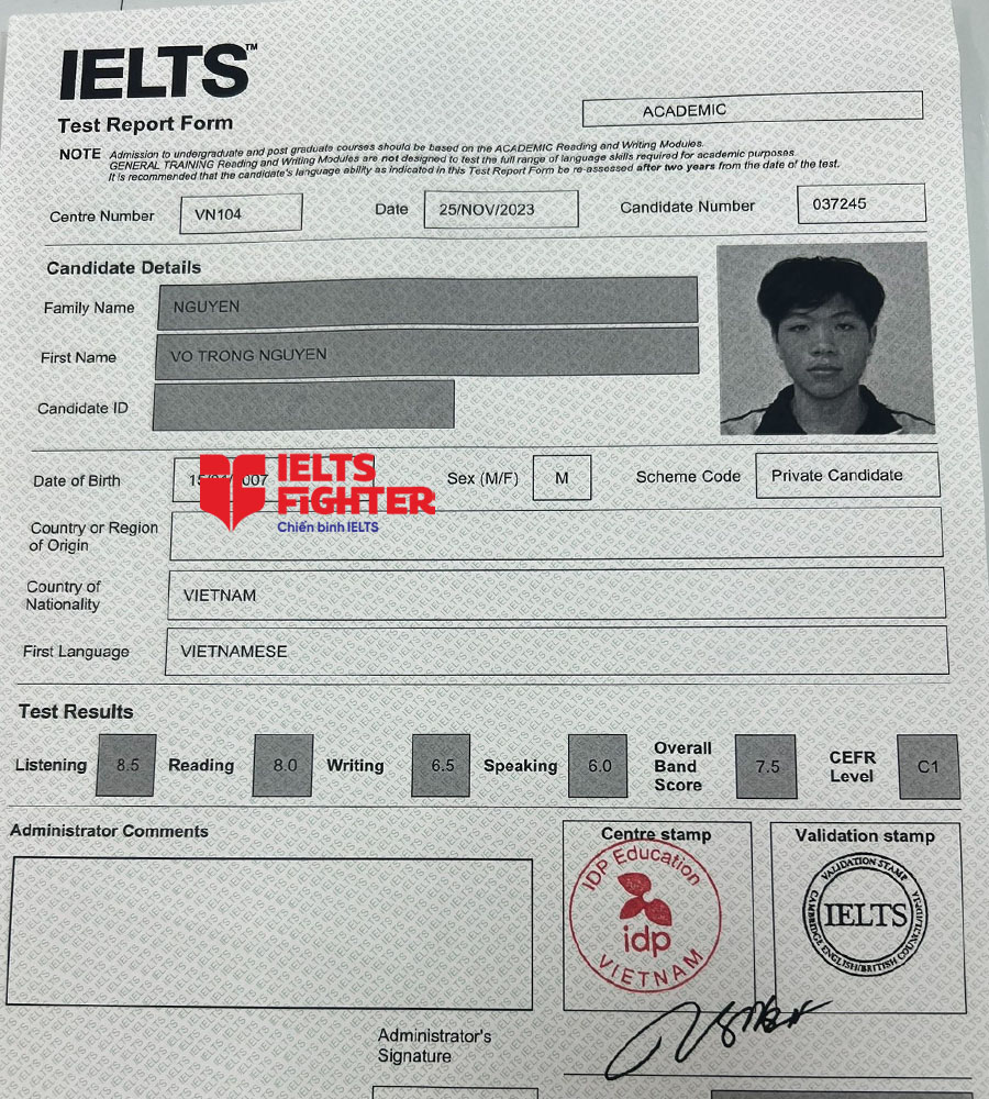 bảng điểm trọng nguyên 7.5 IELTS