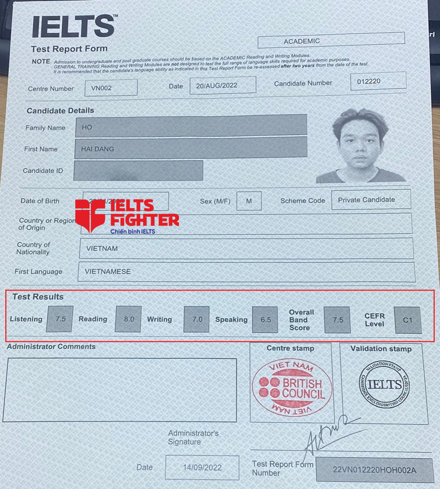 bảng điểm hải đăng 7.5 IELTS