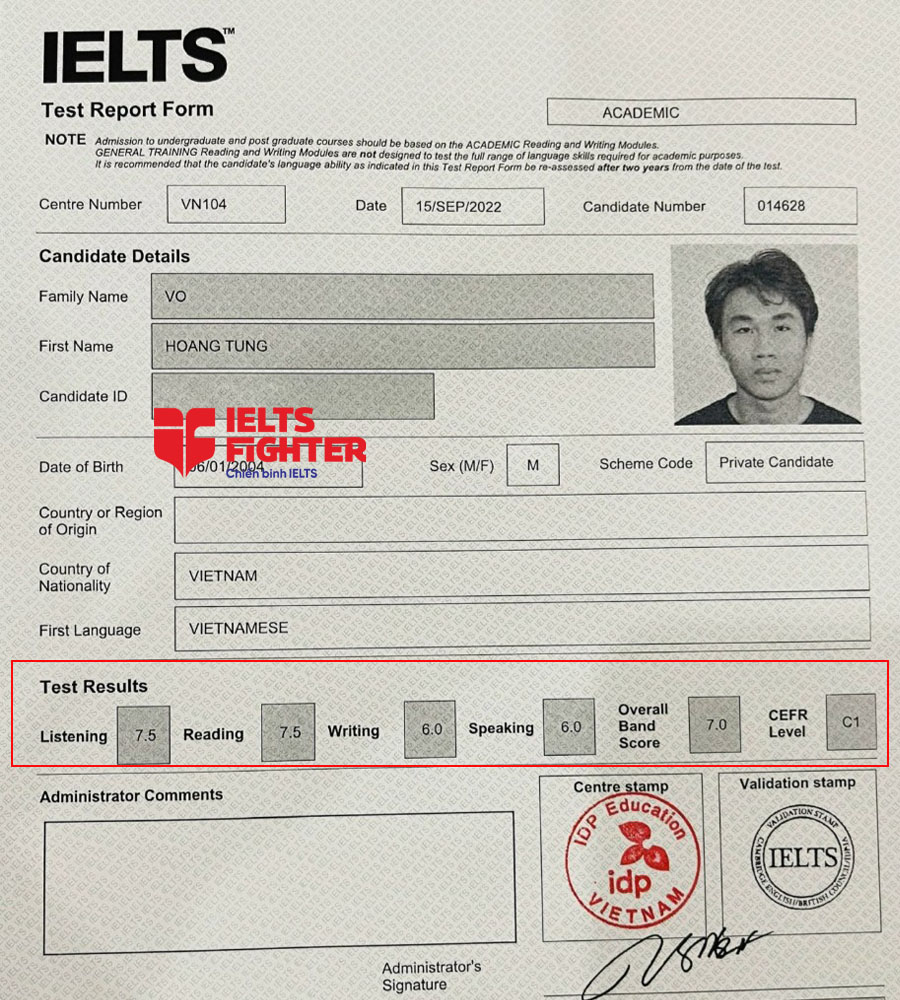 bảng điểm tùng 7.5 ielts
