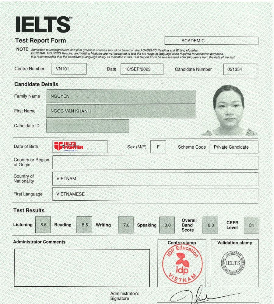 Kết quả mĩ mãn của chị Vân Khanh với 8.0 IELTS