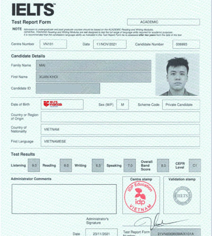 học viên Xuân Khôi và thành tích 8.0 Overall