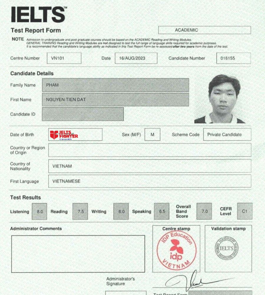 Bảng điểm 7.0 xuất sắc của học viên Tiến Đạt cơ sở Điện Biên Phủ