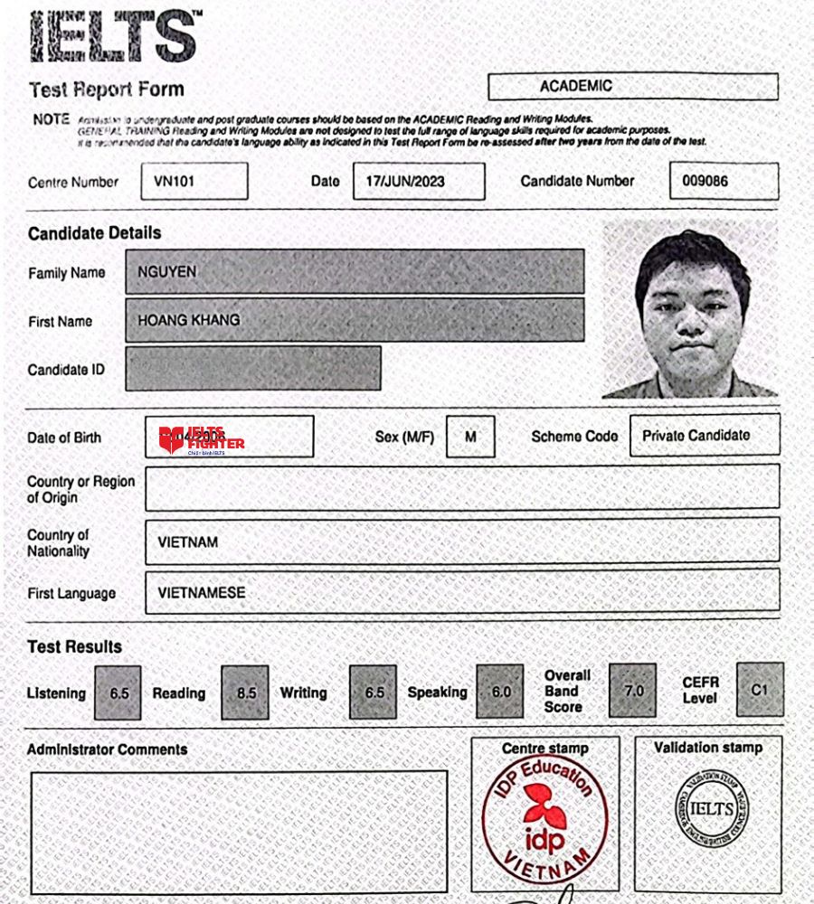 Chứng chỉ 7.0 IELTS đầy tự hào của học viên IF Ba tháng Hai