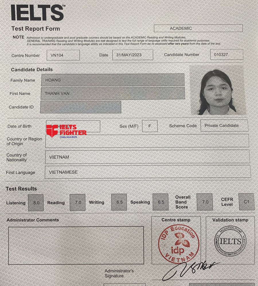 bảng điểm Vân Thanh 7.0 IELTS