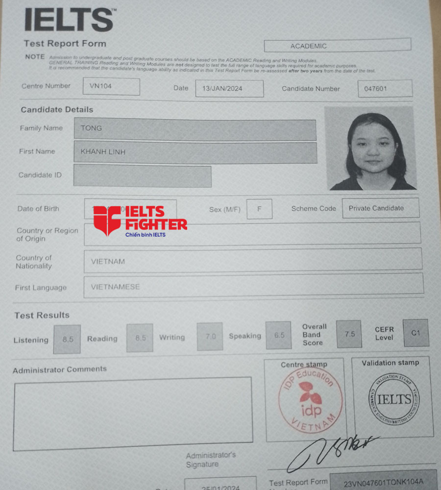 bảng điểm tống Khánh Linh 7.5 IELTS