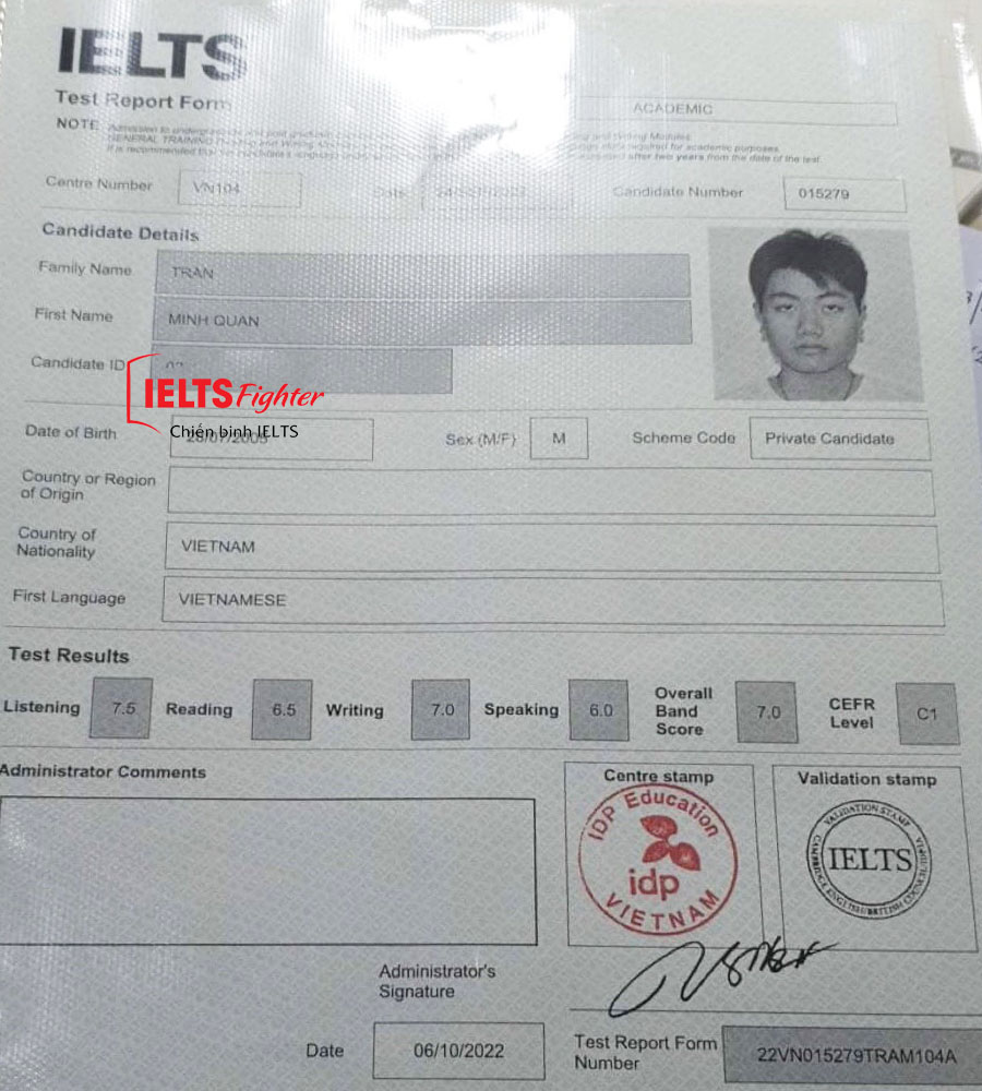 bảng điểm Minh quân 7.0 ielts