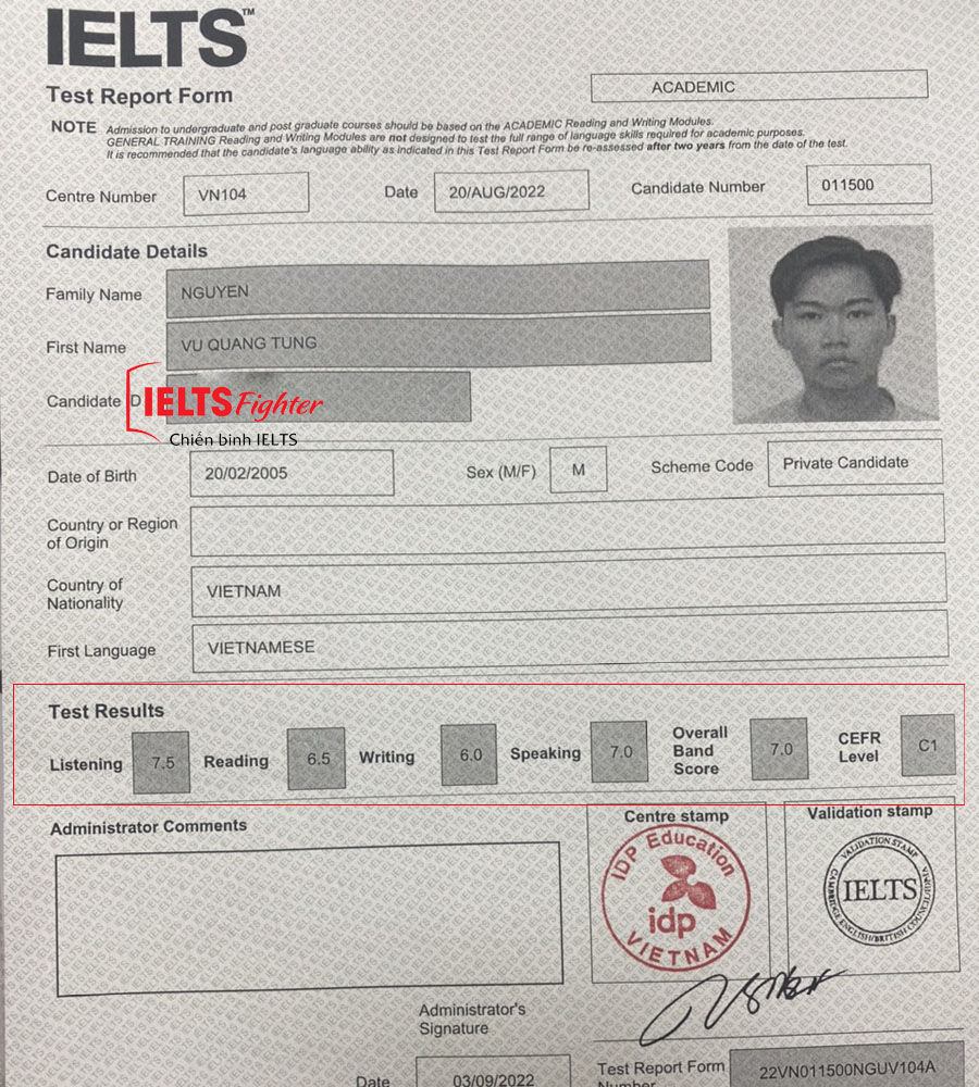 bảng điểm quang tùng 7.0 ielts