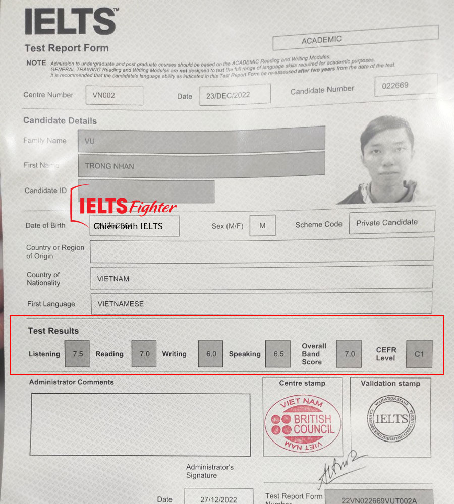 trọng nhân 7.0 ielts