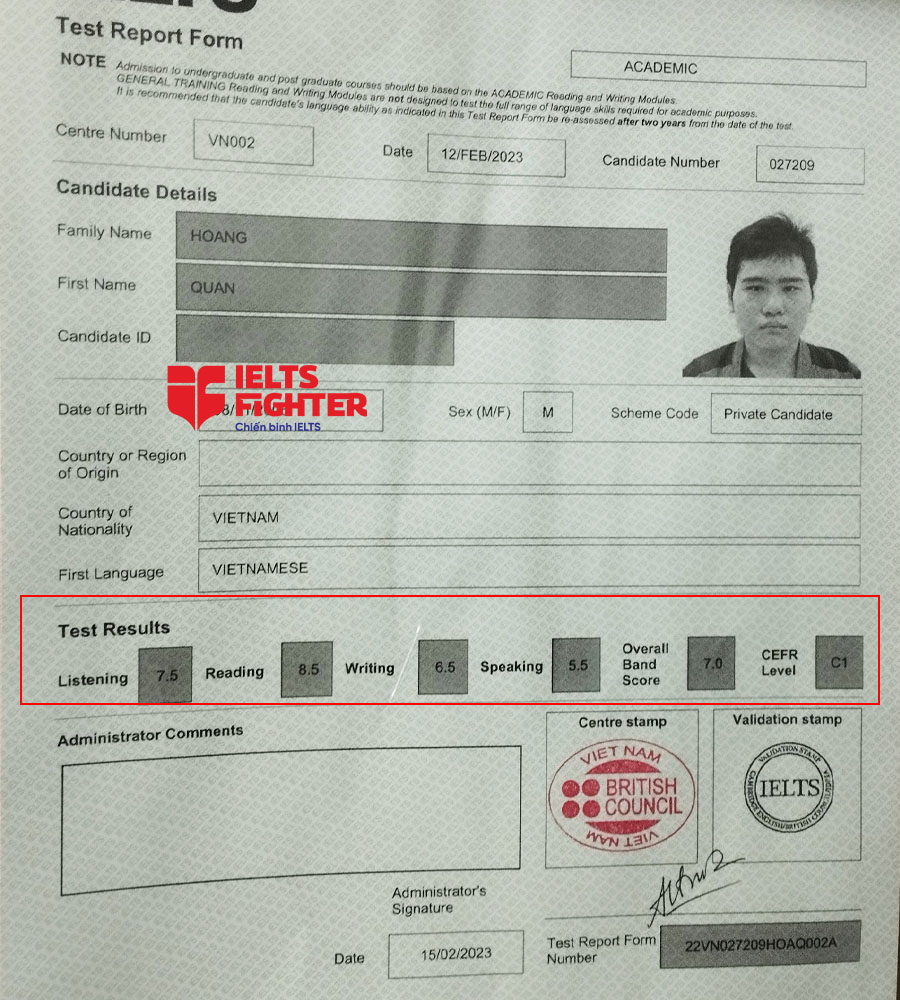 bảng điểm Hoàng quân 7.0 ielts
