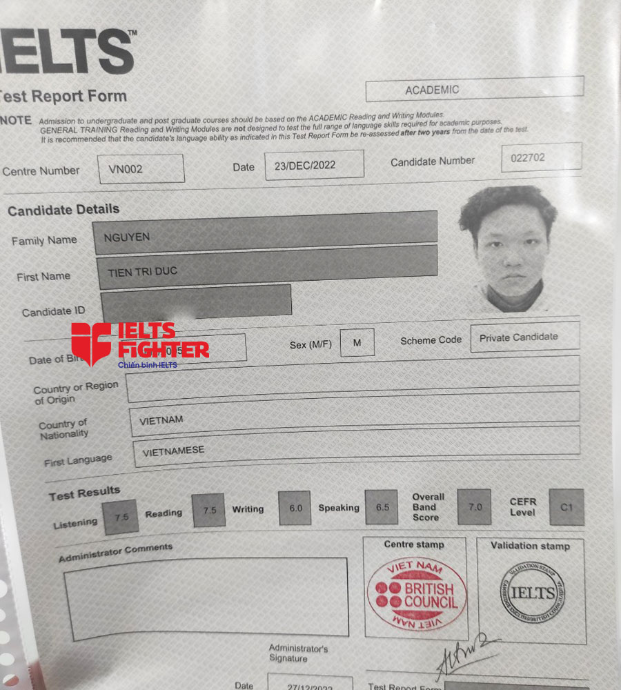 bảng điểm trí đức 7.0 ielts