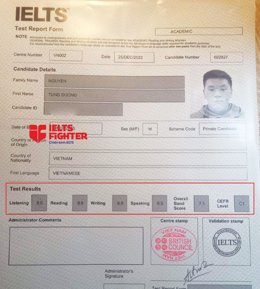 bảng điểm tùng dương 7.5 ielts
