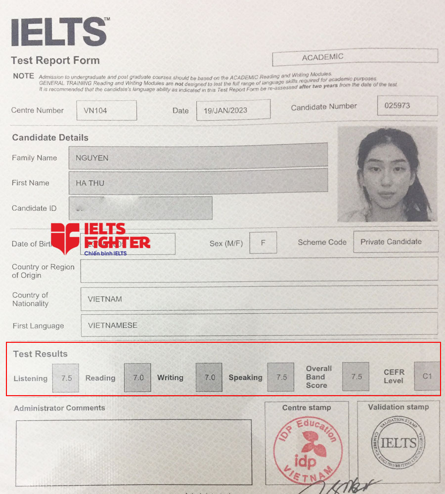 bảng điểm hà thu 7.0 ielts 1
