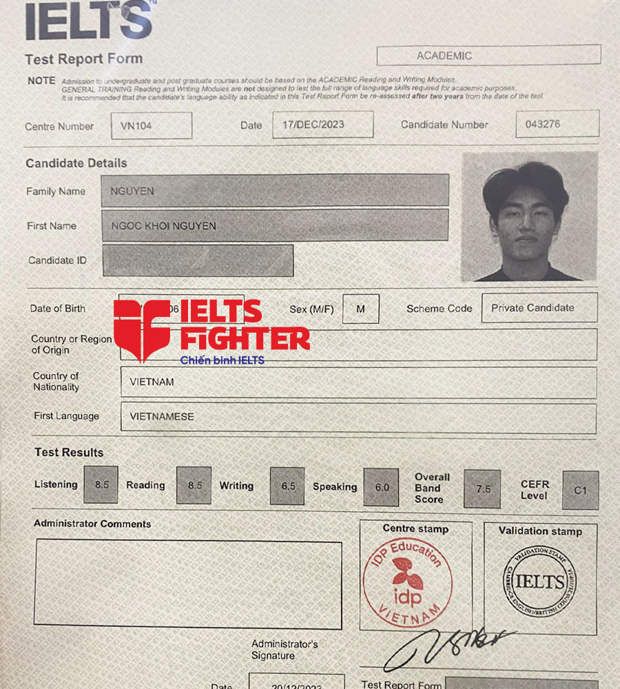 bảng điểm Khôi Nguyên 7.5 IELTS
