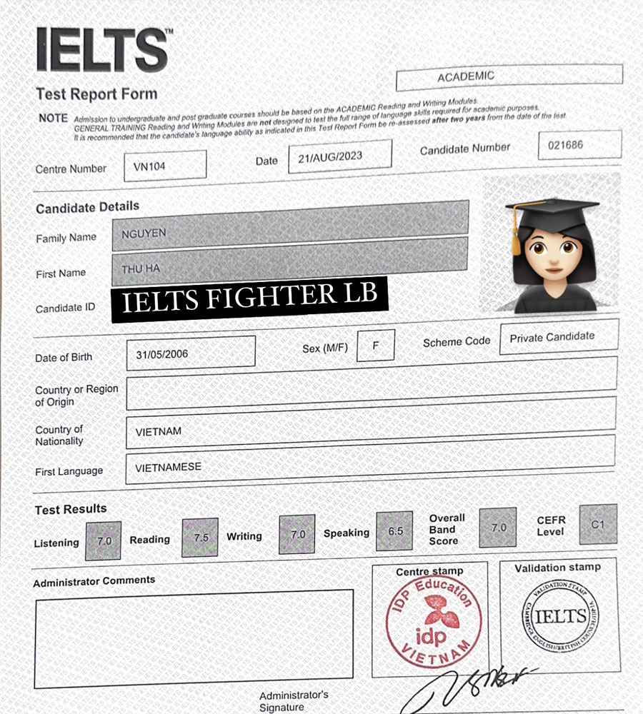 bảng điểm Thu hà 7.0 IELTS