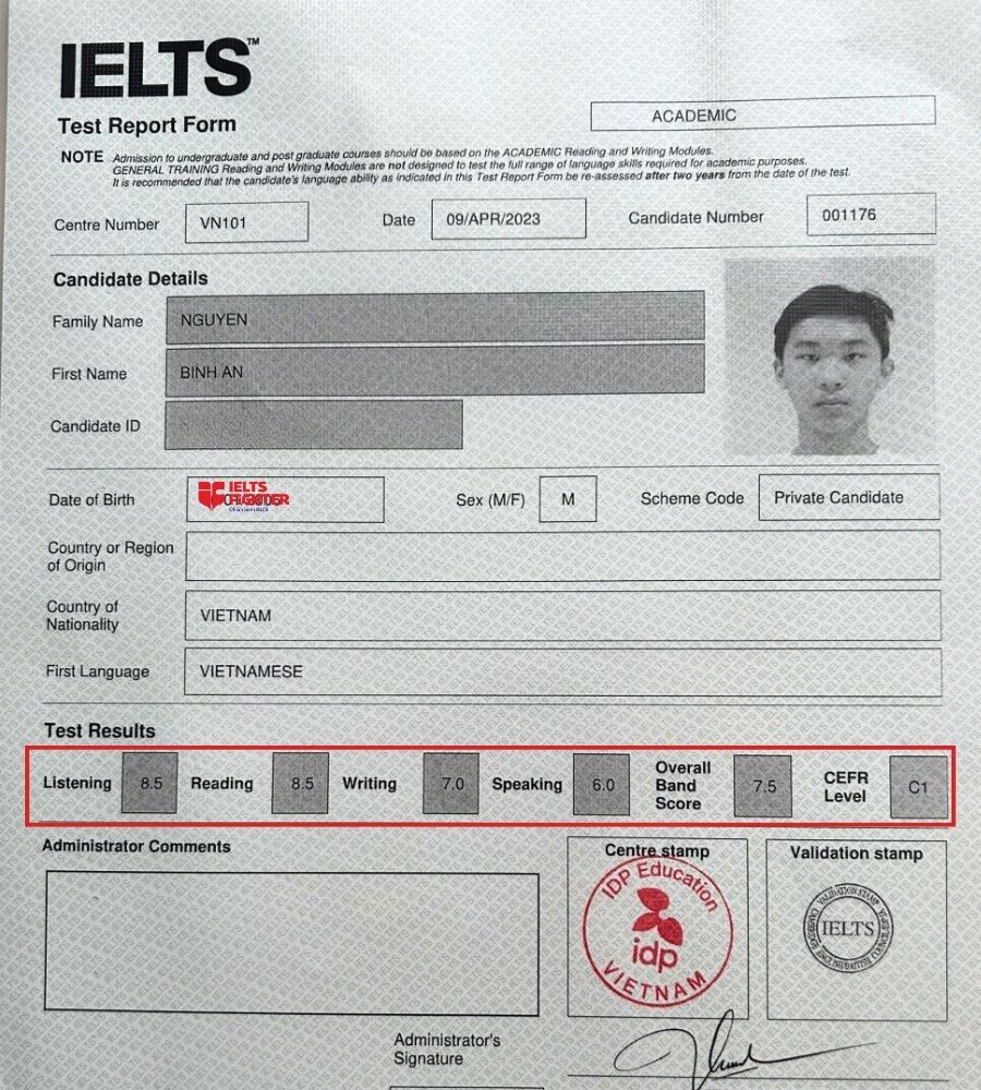 Bảng điểm 7.5 xuất sắc của Bình An - học viên IF Võ Văn Ngân