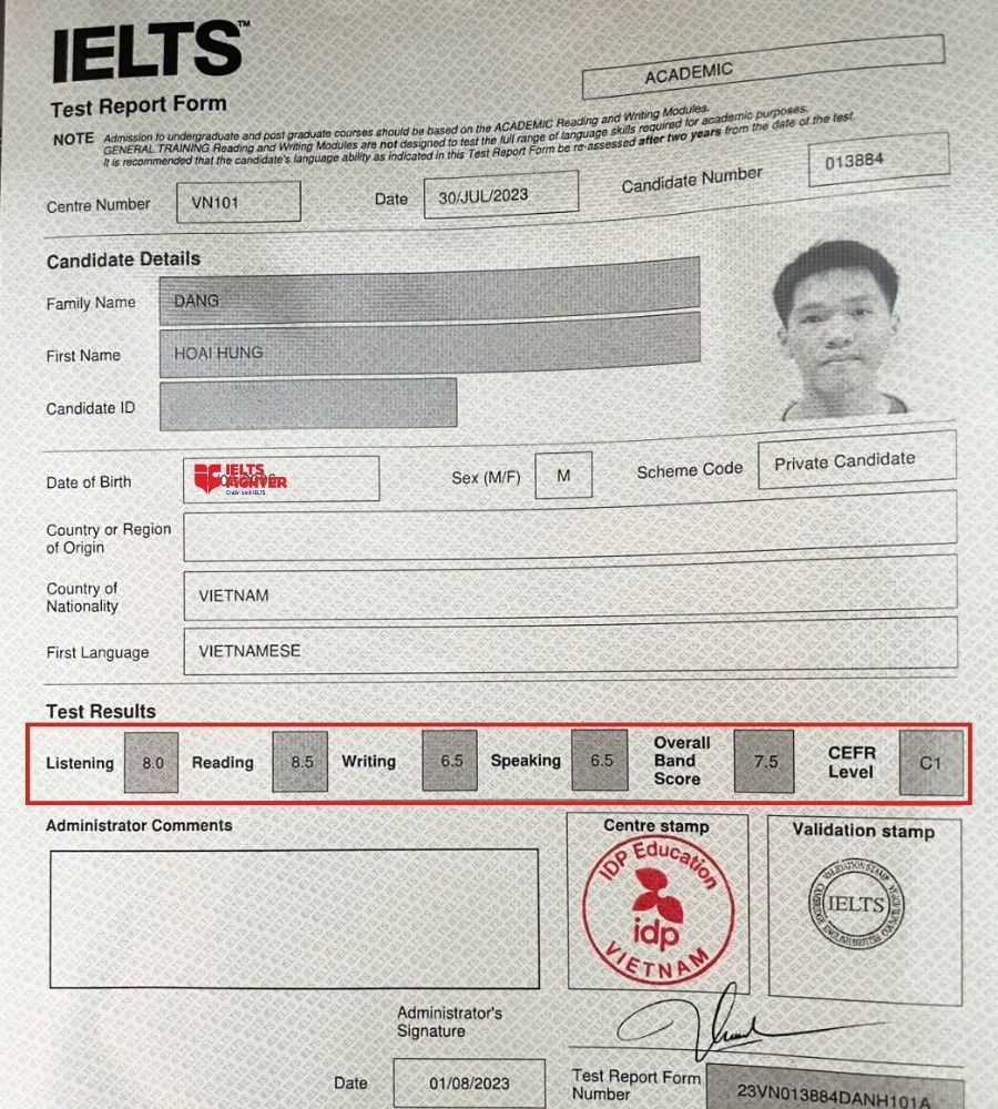 Thành tích 7.5 ấn tượng của học viên IF Võ Văn Ngân
