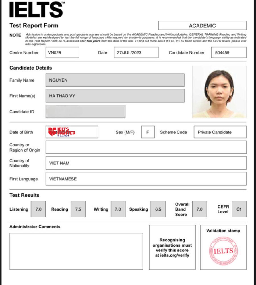 Bảng điểm ấn tượng của học viên Thảo Vy cơ sở IF Võ Văn Ngân