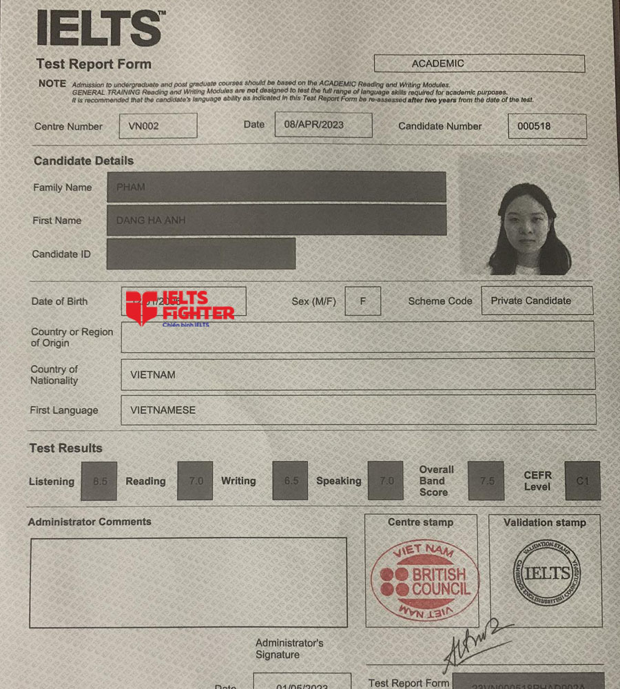 bảng điểm hà anh 7.5 IELTS