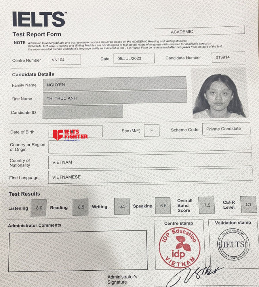 bảng điểm trúc anh 7.5 IELTS