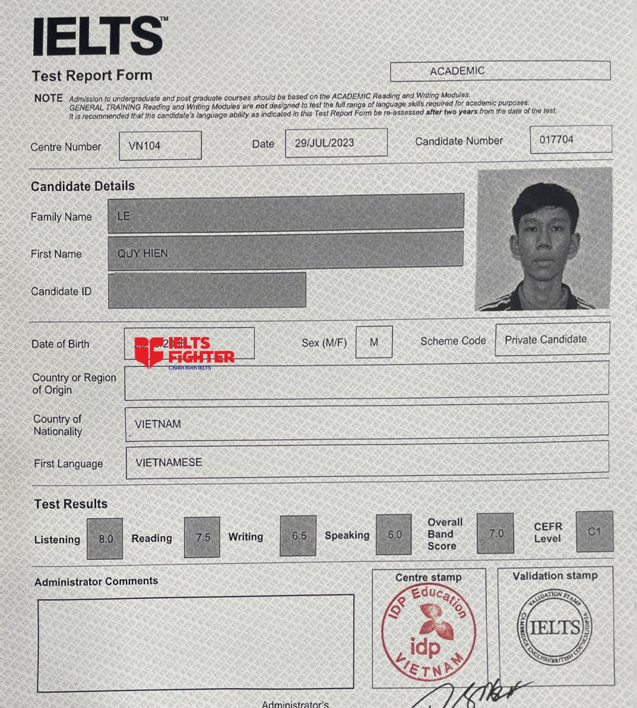 bảng điểm quý hiển 7.0 IELTS